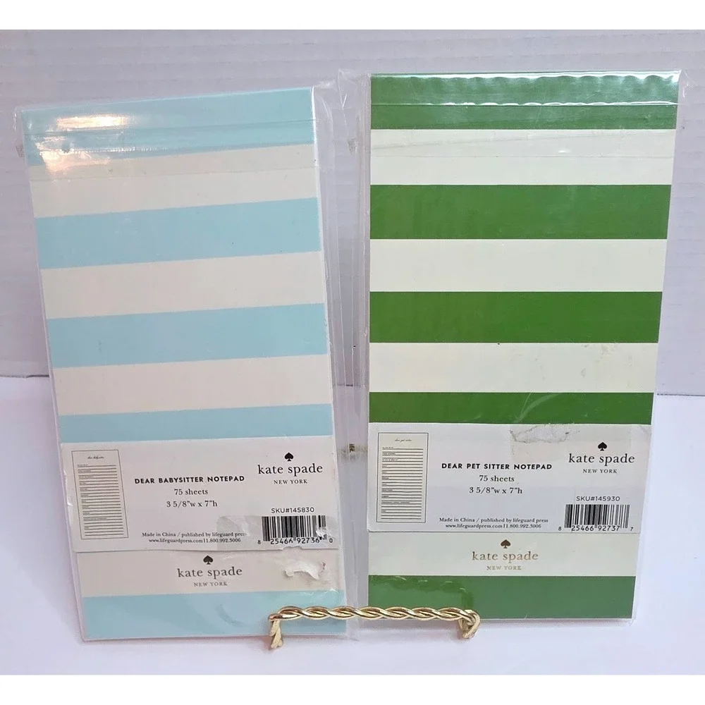 Kate Spade New York Notepad Set Dear Babysitter Pet Sitter Blue Green Stripe 2pk